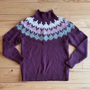 L.L. Bean Women's Plum and Mint Patterned Turtleneck Sweater